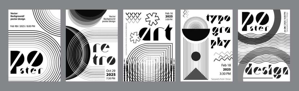 Abstract modern monochrome poster template. Banner set layouts with dynamic line forms with striped effect and simple rounded geometric shapes. Black and white covers design. illustration. vector