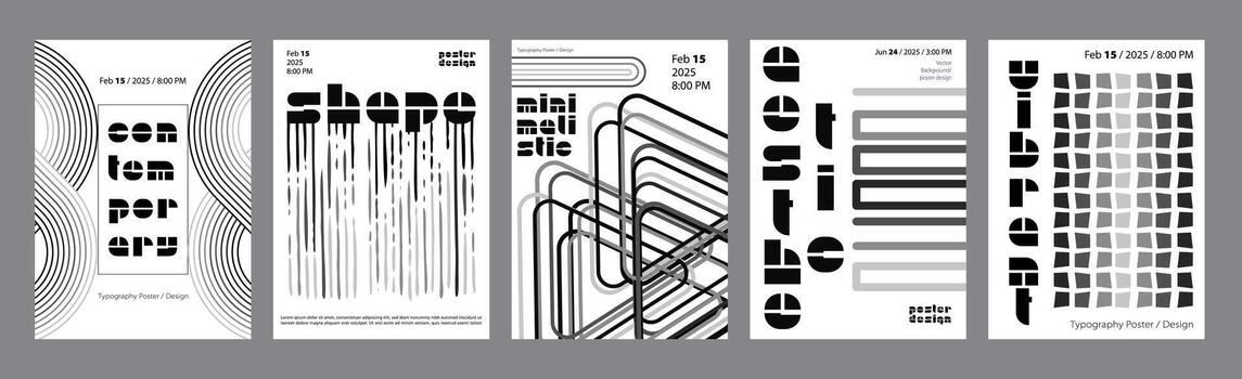 Abstract modern monochrome poster template. Banner set layouts with striped round forms, line halftone distorted effects, simple repeat triangles. Black and white covers design. illustration. vector
