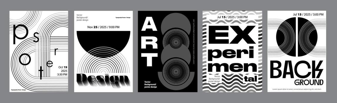 Abstract modern monochrome poster template. Banner set layouts with dynamic line distorted shapes, curved frames, linear circles, waves texture. Black and white covers design. illustration. vector