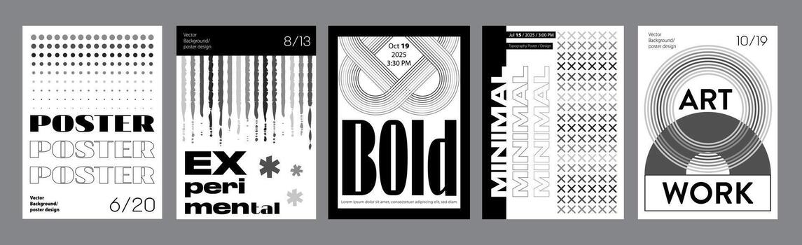 Abstract modern monochrome poster template. Banner set layouts with halftone gradient dots texture, lines frame and rounds, curved wave forms. Black and white covers design. illustration. vector