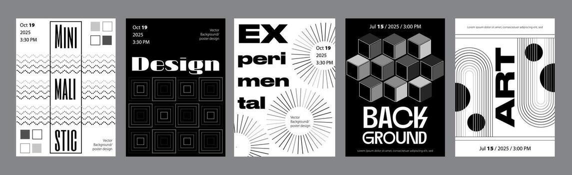 Abstract modern monochrome poster template. Banner set layouts with dynamic dot wave frames, line square shapes, linear circles, cubes texture. Black and white covers design. illustration. vector