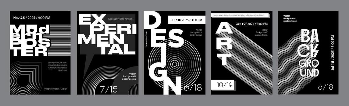 Abstract modern monochrome poster template. Banner set layouts with dynamic rounded figures, rippled line forms, striped circles, halftone grids. Black and white covers design. illustration. vector