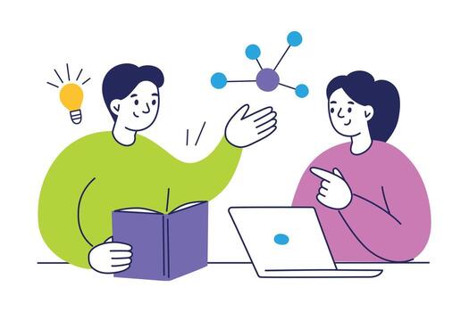 illustration of students working together on project. Boy with book and girl with laptop discuss ideas, collaborate, and explore topic. Teamwork, education, brainstorming, and learning vector