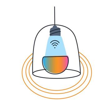 Flat cartoon illustration of table lamp with smart light bulb controlled via Wi Fi. Home automation, remote lighting control, modern technology and smart living concept vector