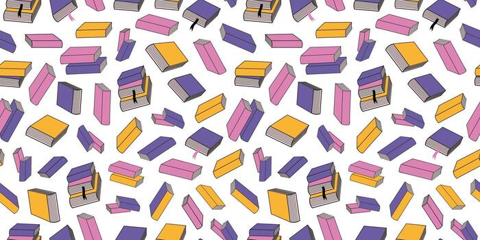 Stack of books, pattern. Multicolored books. Love of reading, literature, studying. School textbooks. Repeating seamless background. vector