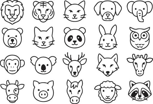 Animal Faces Line Icon Set Editable Outlines of Dog, Cat, Fox, Lion, Bear, Elephant, Panda, Rabbit, and More for UI, Web, and Education vector