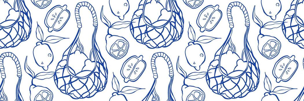 lemon pattern with net bag, doodle outline blue summer background for fabric. Ideal for print, textile, branding. Outline illustration with playful summer feel. vector