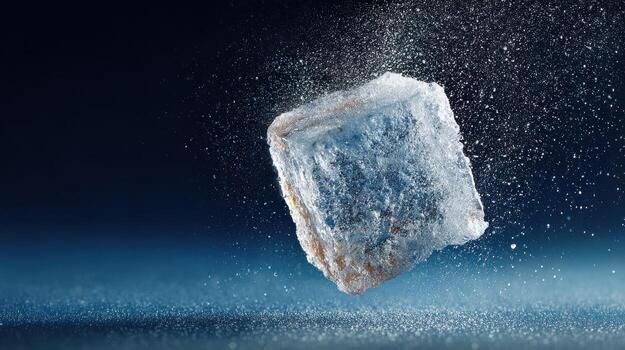Ice Cube Suspended In Mid-Air With Water Droplets Against Dark Background. Captures The Essence Of Freshness And Cold photo