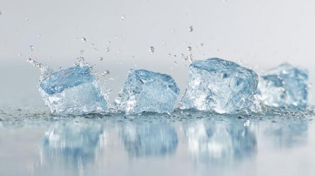 Ice Cubes Splashing In Water With Reflections. Refreshing And Cool Concept For Beverages photo