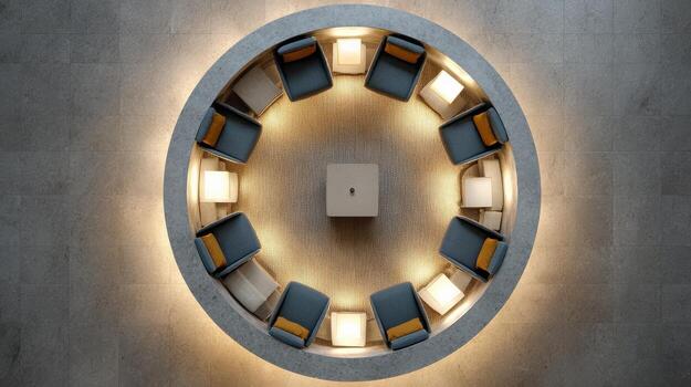Circular Seating Arrangement With Ambient Lighting In Modern Interior Design. Ideal For Collaborative Meetings And Social Gatherings photo