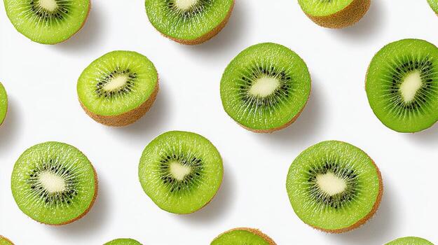 Slices Of Fresh Kiwi Fruit Arranged On White Background. Vibrant Green Pattern For Healthy Eating Concept photo