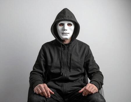 Masked and hooded hacker speaking during interview, symbol of anonymity and concealed identity photo