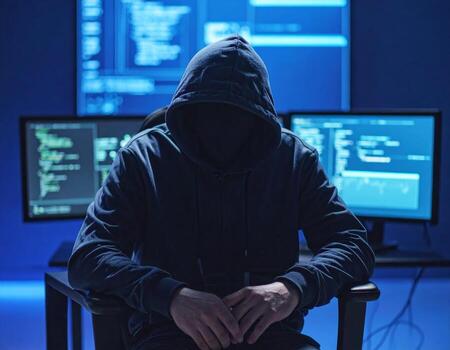 Masked and hooded hacker speaking during an interview, symbolizing anonymity and concealed identity photo