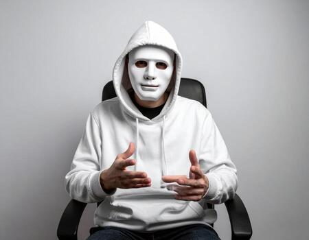 Masked and hooded hacker speaking in an interview, representing anonymity and hidden identity photo