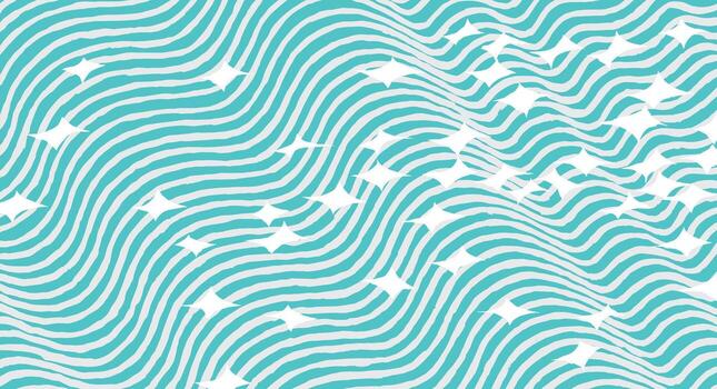 Hand drawn brush line abstract waves and water pattern overlaid with scattered white starbursts. Japanese style dynamic and playful graphic for textiles, and contemporary design. vector