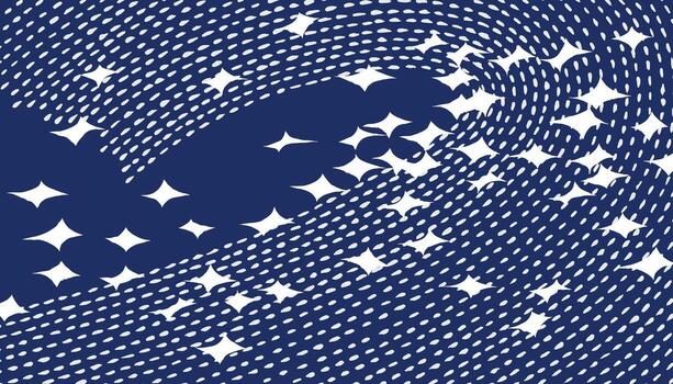 Abstract hand drawn dash brush line dynamic swirls wave with scattered starburst shapes water reflection pattern, Japanese Sashiko traditional stitching and block print inspired texture background. vector