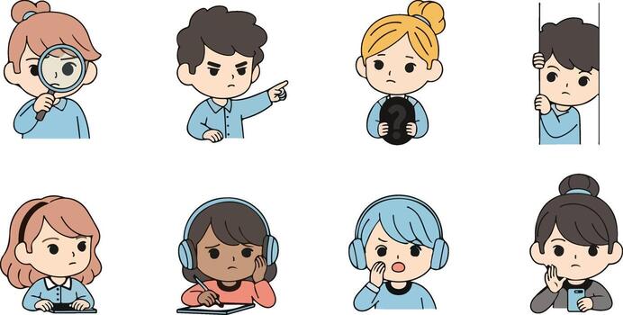 Expressive Cartoon Characters Displaying Diverse Emotions and Actions with Clear Line Art and Simple Color Palettes vector