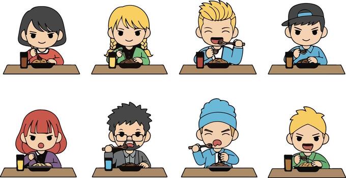 Cartoon illustration showcases diverse people joyfully enjoying their meals together around the table, a representation of cultural sharing and connection. Each character has unique expressions vector