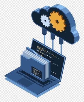 isométrica nube almacenamiento concepto con ordenador portátil. nube tecnología con carpeta y ordenador portátil. isométrica computadora archivo transferir. isométrica tecnología vector