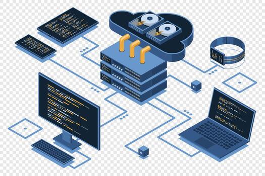 isométrica nube tecnología informática. isométrica red con computadora, computadora portátil, tableta, y teléfono inteligente isométrica tecnología vector