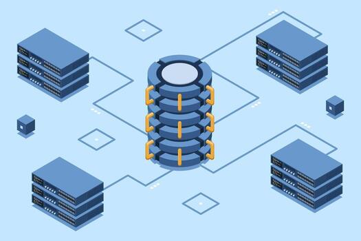 isométrica nube base de datos. base de datos con nube servidor. nube almacenamiento. datos transmisión tecnología. isométrica tecnología, vector
