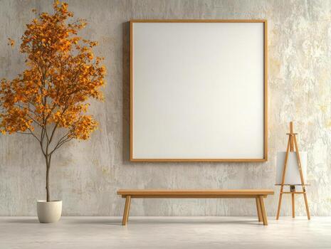 Cozy room with a wooden bench, blank frame, and autumn tree on isolated background. photo