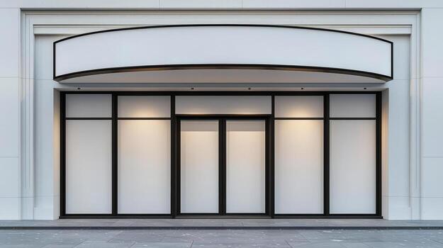 Empty storefront with blank windows and large white signboard above, modern and clean facade design photo