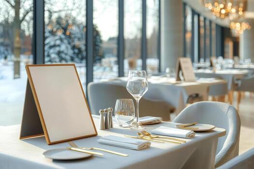 Empty framed menu on table with elegant gold cutlery and glassware in bright restaurant with winter view photo