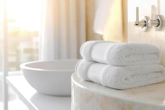 Soft white towel stack on bathroom counter with modern sink and warm sunlight photo