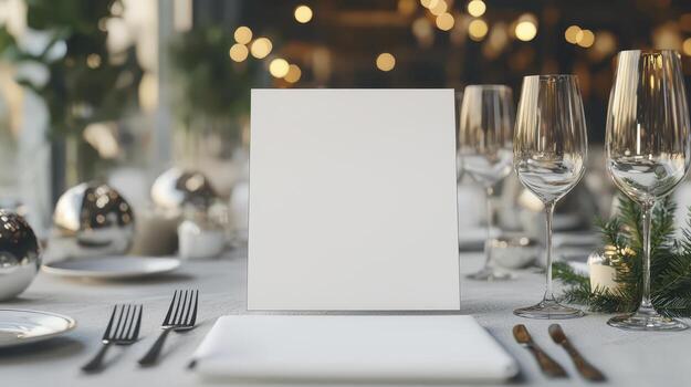 Elegant dining setup with a blank menu on the table, soft lighting ambiance. photo
