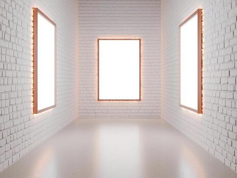 Empty room with white walls and windows, bright and minimalistic interior design. photo