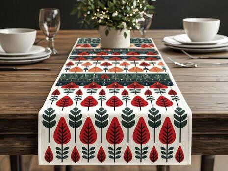 Colorful table runner with leaf patterns on an elegant dining setup. photo