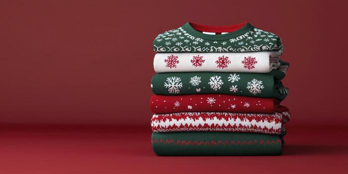 Stack of festive holiday sweaters in red and green on a colorful background. photo