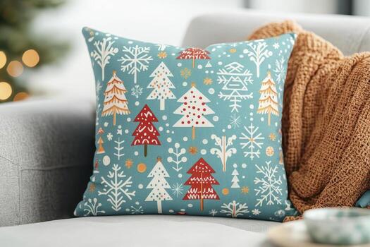Decorative cushion with festive tree patterns, cozy living room setting. photo