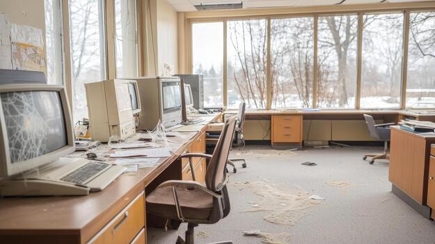 una vez ocupado oficina ahora vacío con telarañas formando en antiguo computadora monitores y polvoriento escritorios en tranquilo habitación foto