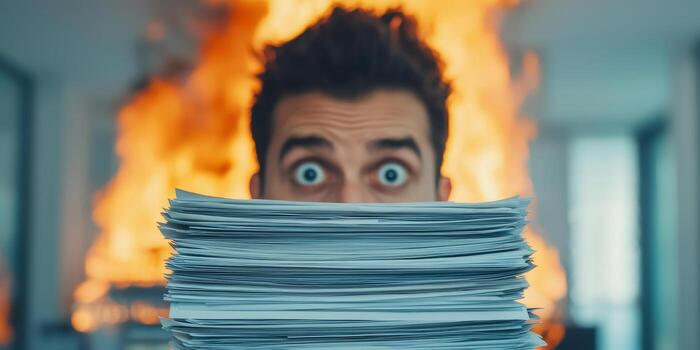Person staring hopelessly at burning stack of papers with wide eyes showing panic and stress in office setting photo