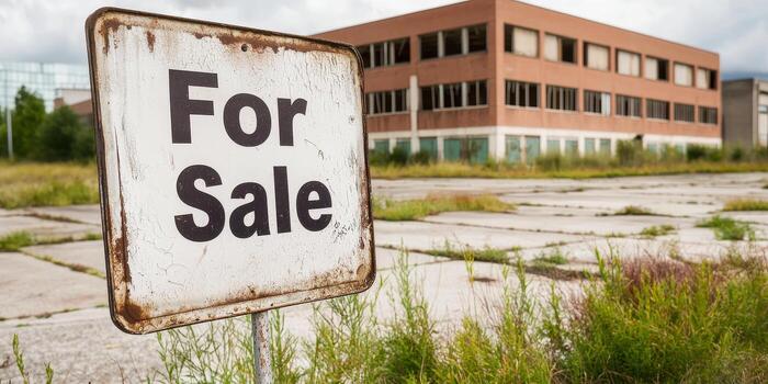 Weathered For Sale sign stands in front of abandoned building with broken windows and overgrown weeds, evoking sense of neglect photo