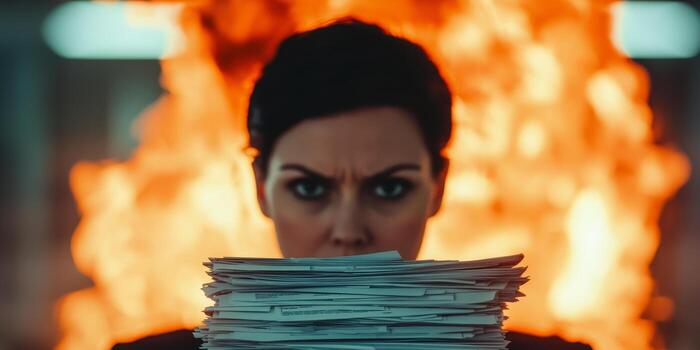 Person staring hopelessly at burning stack of papers with intense fire in background creating dramatic tension photo