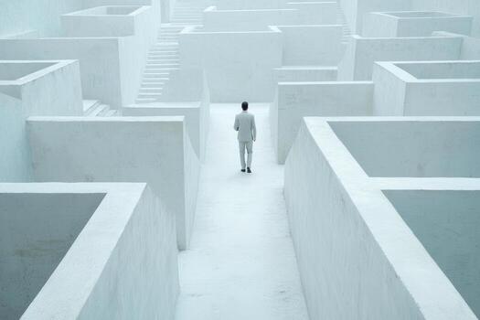 Businessman lost in large white concrete maze, walking alone and facing complex challenges with uncertainty and determination photo