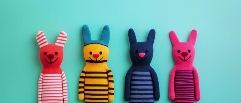 Playful colorful sock puppet characters with striped patterns arranged in row on turquoise background photo