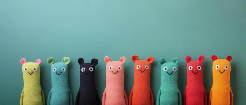 Playful colorful sock puppet characters lined up with happy expressions on teal background, creative and fun toy display photo