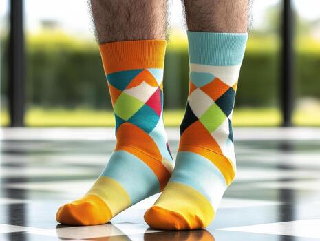Colorful geometric patterned socks on feet standing on checkered floor with natural light and blurred background photo