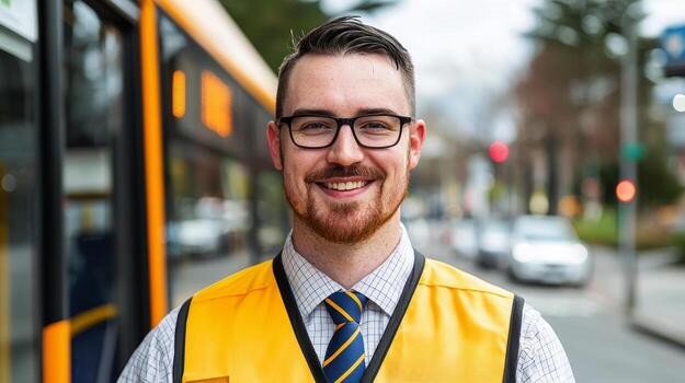 Friendly bus driver in safety vest smiling on city street with blurred traffic and trees in background photo