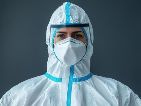 Healthcare worker wearing hazmat suit and protective mask with serious expression in studio photo