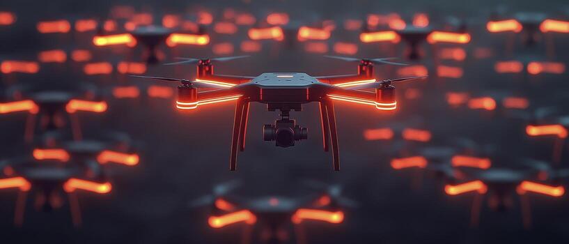Autonomous drone fleet with glowing red lights flying in formation at dusk, showcasing futuristic technology and innovation photo