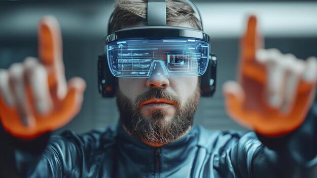 Man wearing virtual reality headset and gloves interacting with digital interface in futuristic environment photo