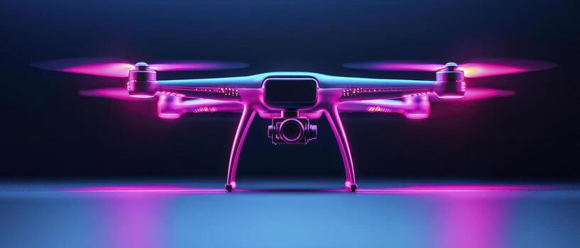 Autonomous drone with glowing pink lights and camera hovering in dark environment with futuristic vibe photo