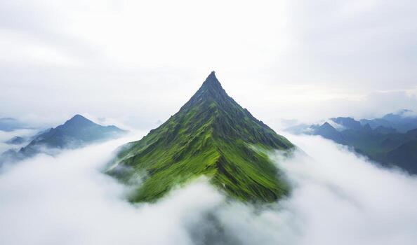 Fog enveloping mountain peak with soft sunlight breaking through clouds creating serene and mystical atmosphere photo