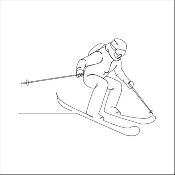 Line art illustration of a skier making a sharp turn on a snowy slope, wearing full ski gear, helmet, and goggles, showing skill and control in motion. vector