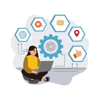 Woman using laptop with AI icons vector